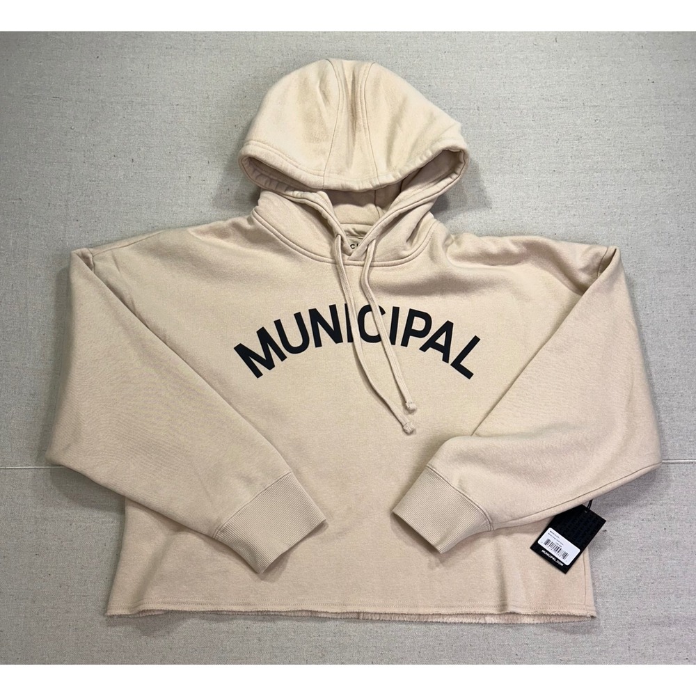 Municipal Womens Origin‎ Hoodie Stone Beige Cropped Fleece Sweatshirt Large NEW